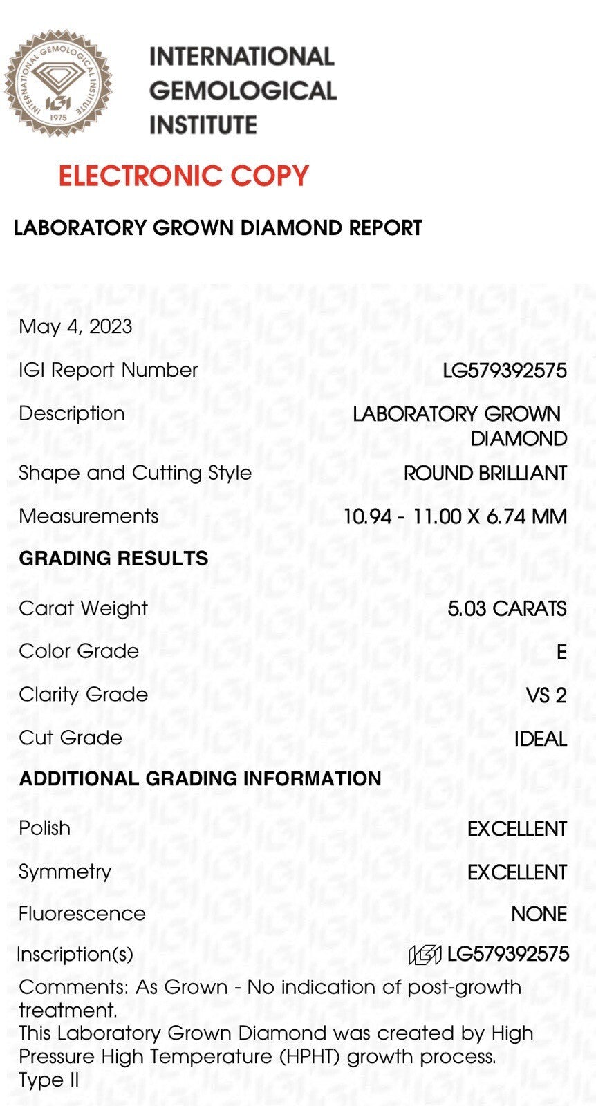 5.03 Carat Round Brilliant Cut E VS2 Ideal 3 Excellent Lab Diamond IGI Certified