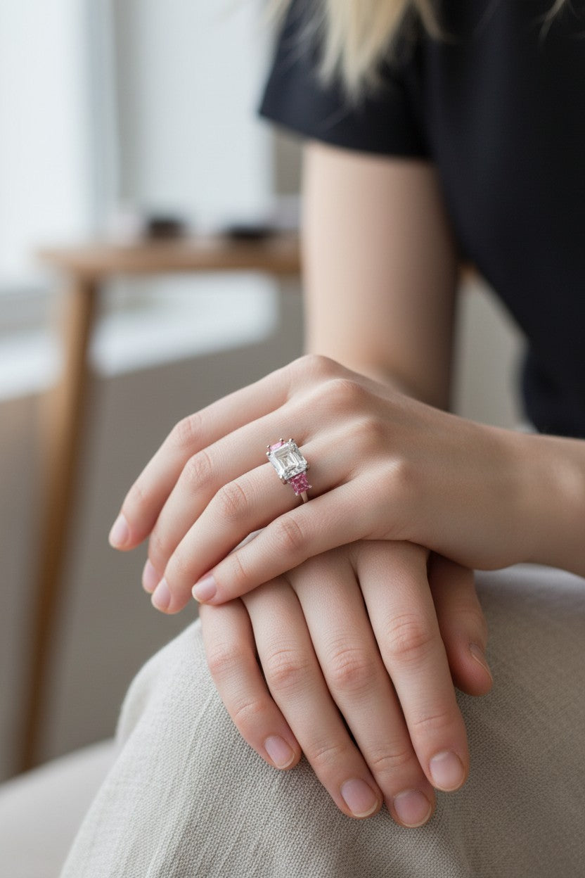 5.00 CT Asscher Cut Lab Grown Diamond Ring with 1.00 CT Vivid Pink in Platinum