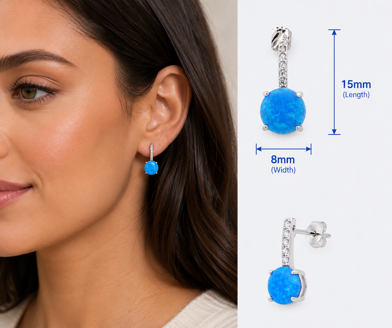 Sterling Silver CZ Bar Prong Round Blue Opal Earrings