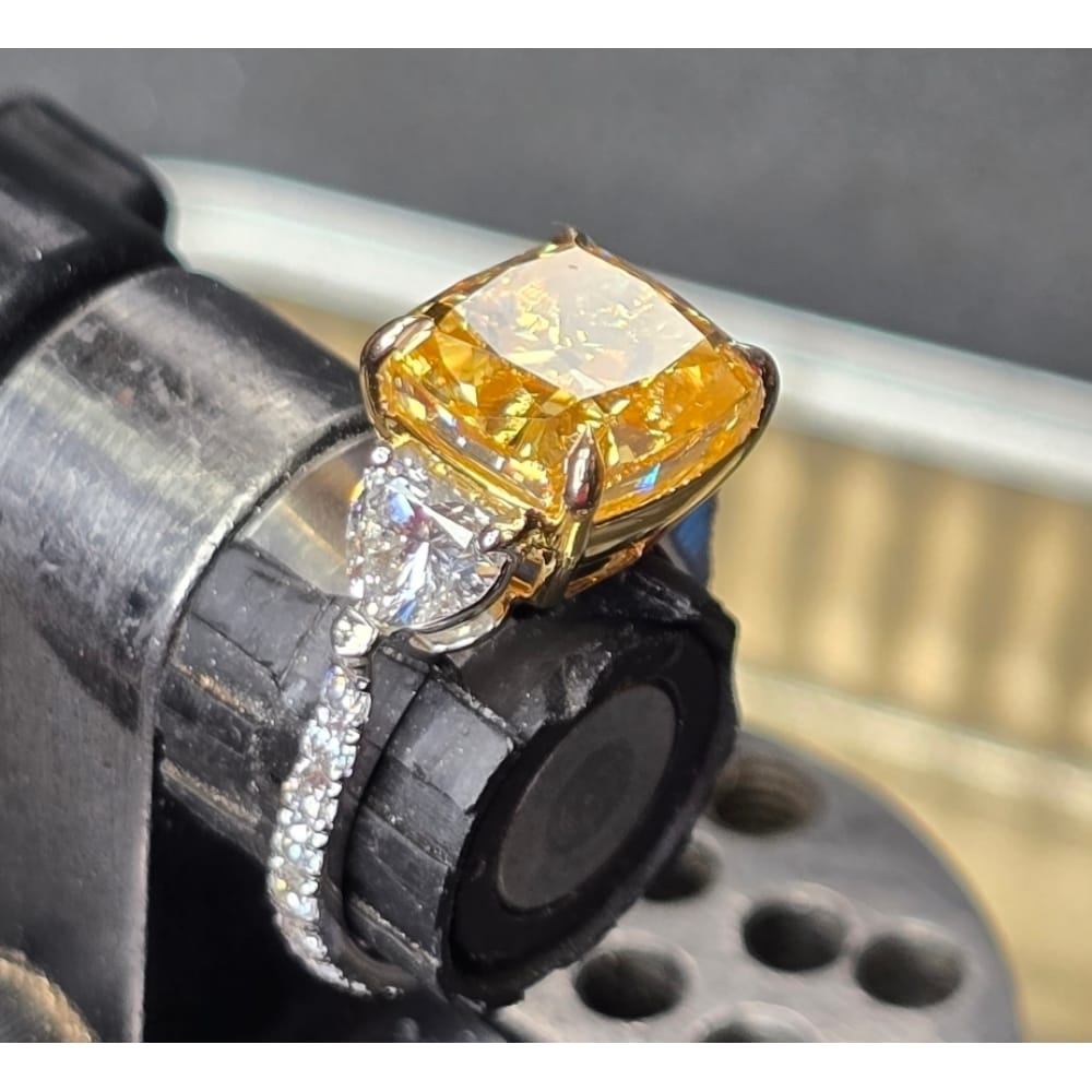 Stunning 9.13 CTW Lab-Grown Yellow Cushion Diamond Ring with Heart Accents