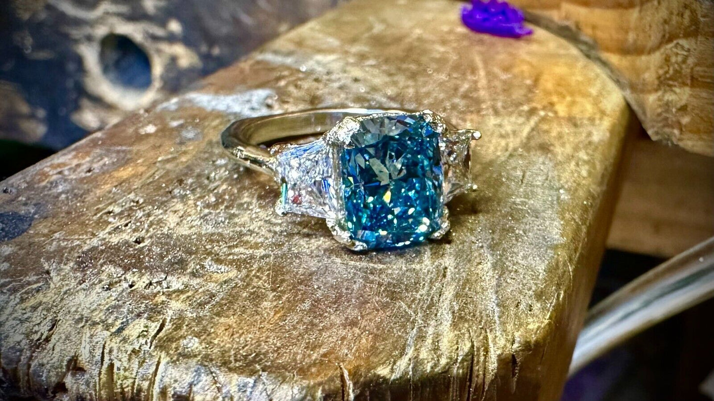 Carbon-Neutral Blue Lab Created Diamond 3.02ct and White Trapezoids 0.95ct 14k