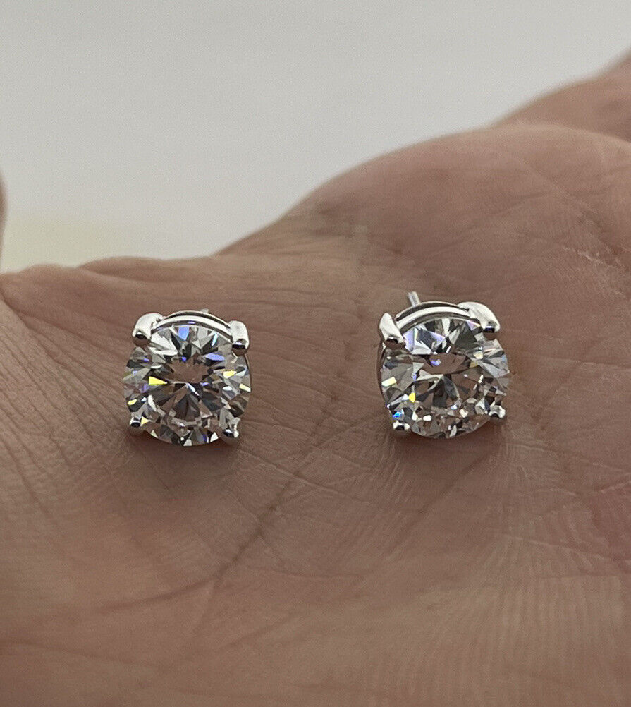 Lab Grown Large Diamond Earrings Studs 14k White Gold Screw backs 4.00 Carats
