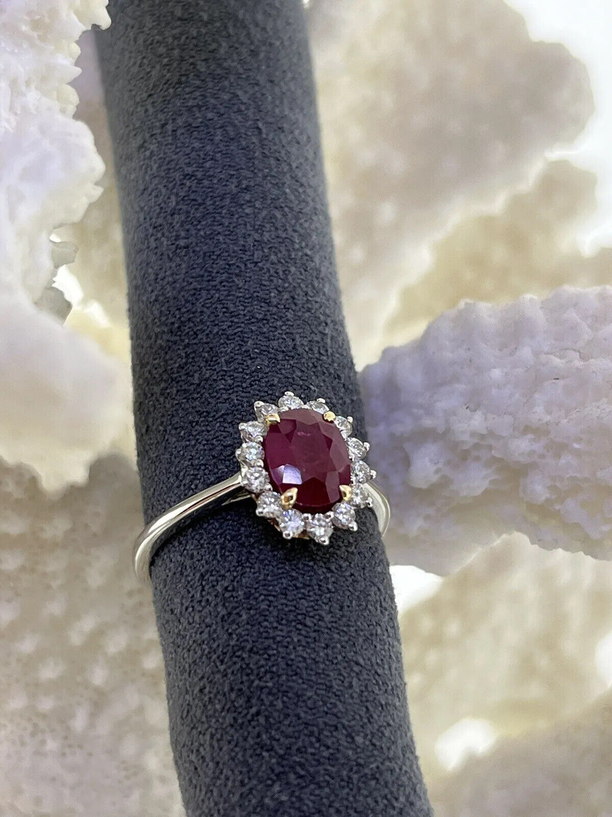 14k White & Yellow Gold Ruby Ring Diamonds Halo Size 7