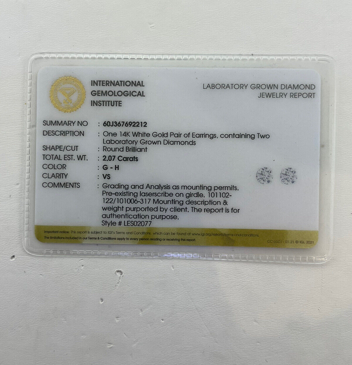 Lab Grown Medium Diamond Earrings Studs 14k White Gold Screw backs 2.07 Carats