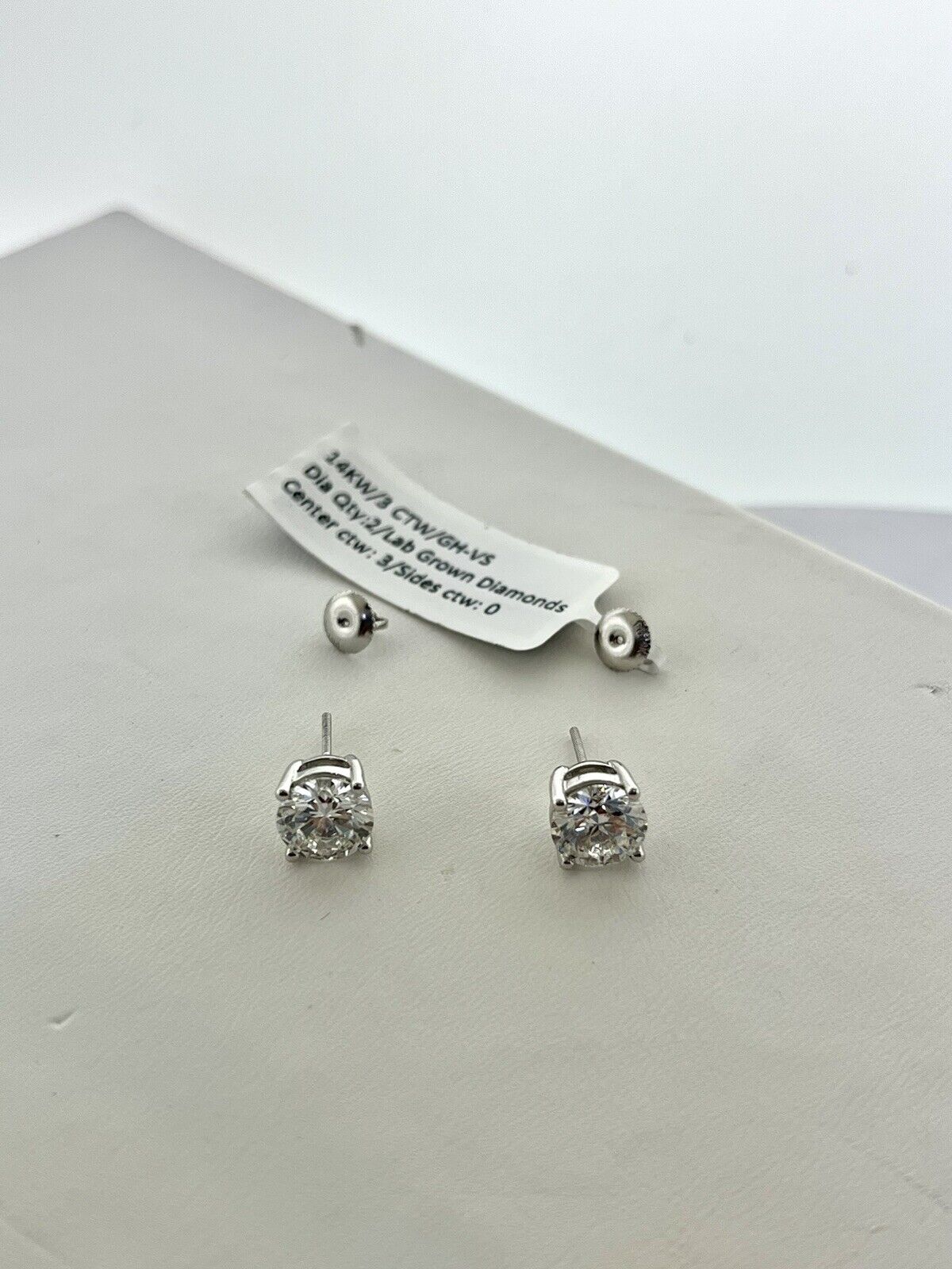 Lab Grown Diamond Earrings Studs 14k White Gold Screw backs Approx 3.00 Carats