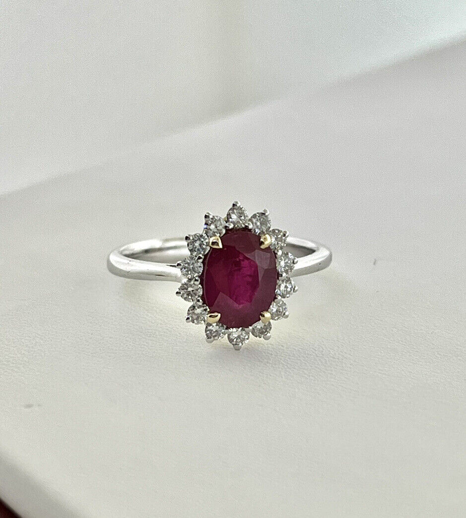 14k White & Yellow Gold Ruby Ring Diamonds Halo Size 7