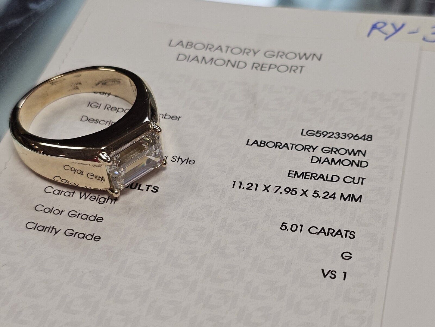 Men's Solid Gold Lab Diamond Solitaire Ring Emerald Cut 5.01 G VS1 Certified