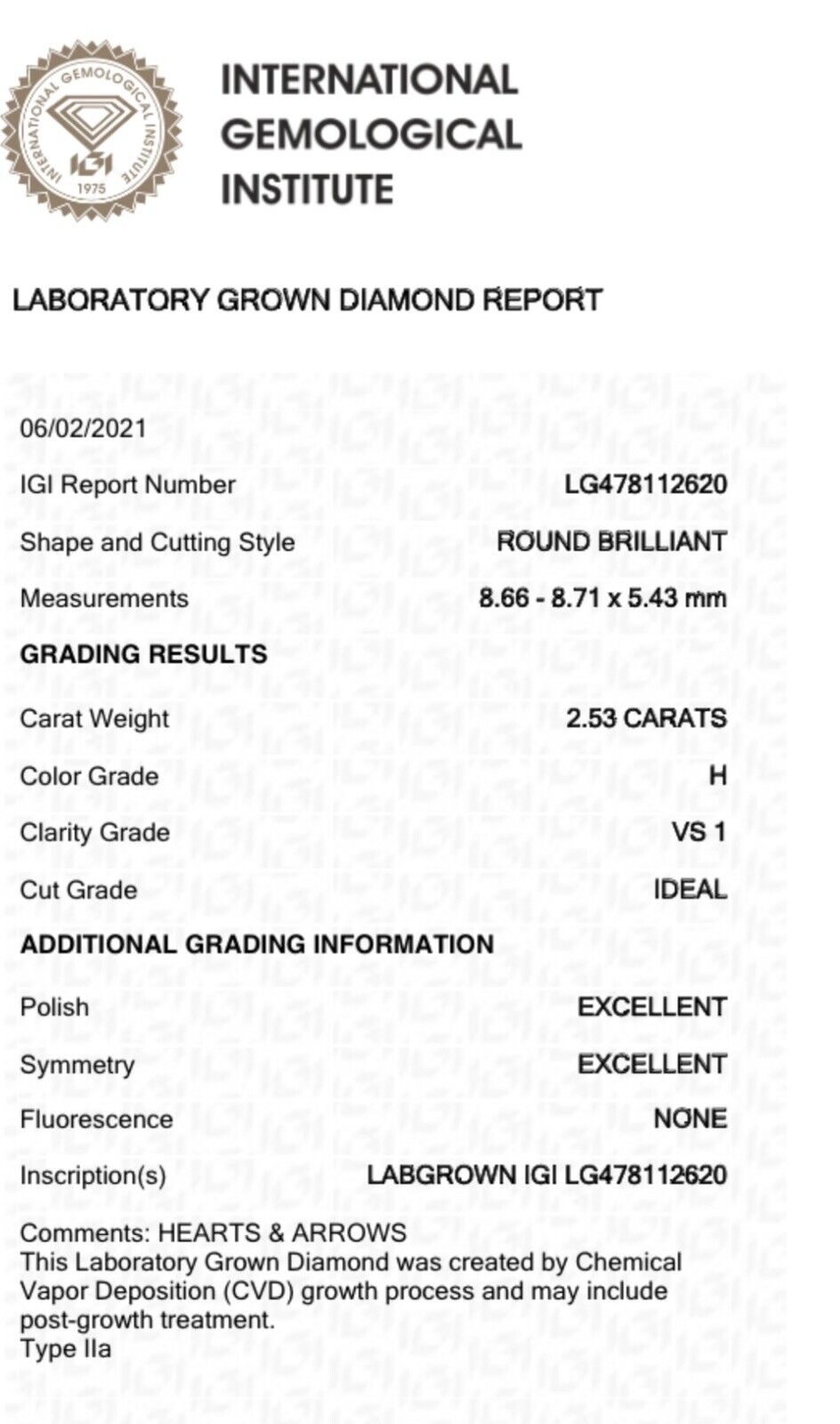 Round Brilliant 2.53 H VS1 14K Engagement Ring Hearts & Arrows Lab Grown Diamond