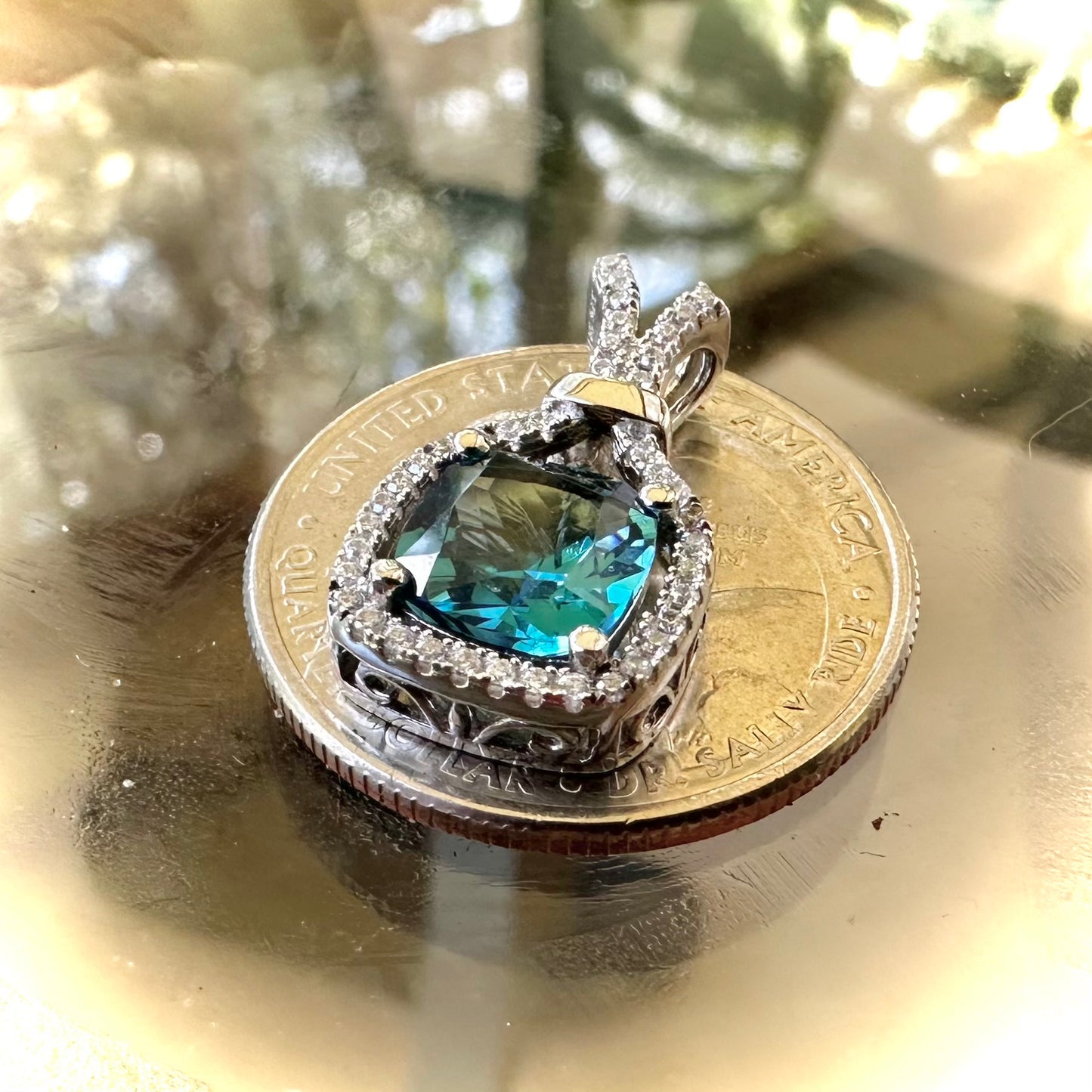925 Sterling Silver Simulated Paraiba Tourmaline Cushion Cut Drop Pendant with Cubic Zirconia Halo Rhodium Plated