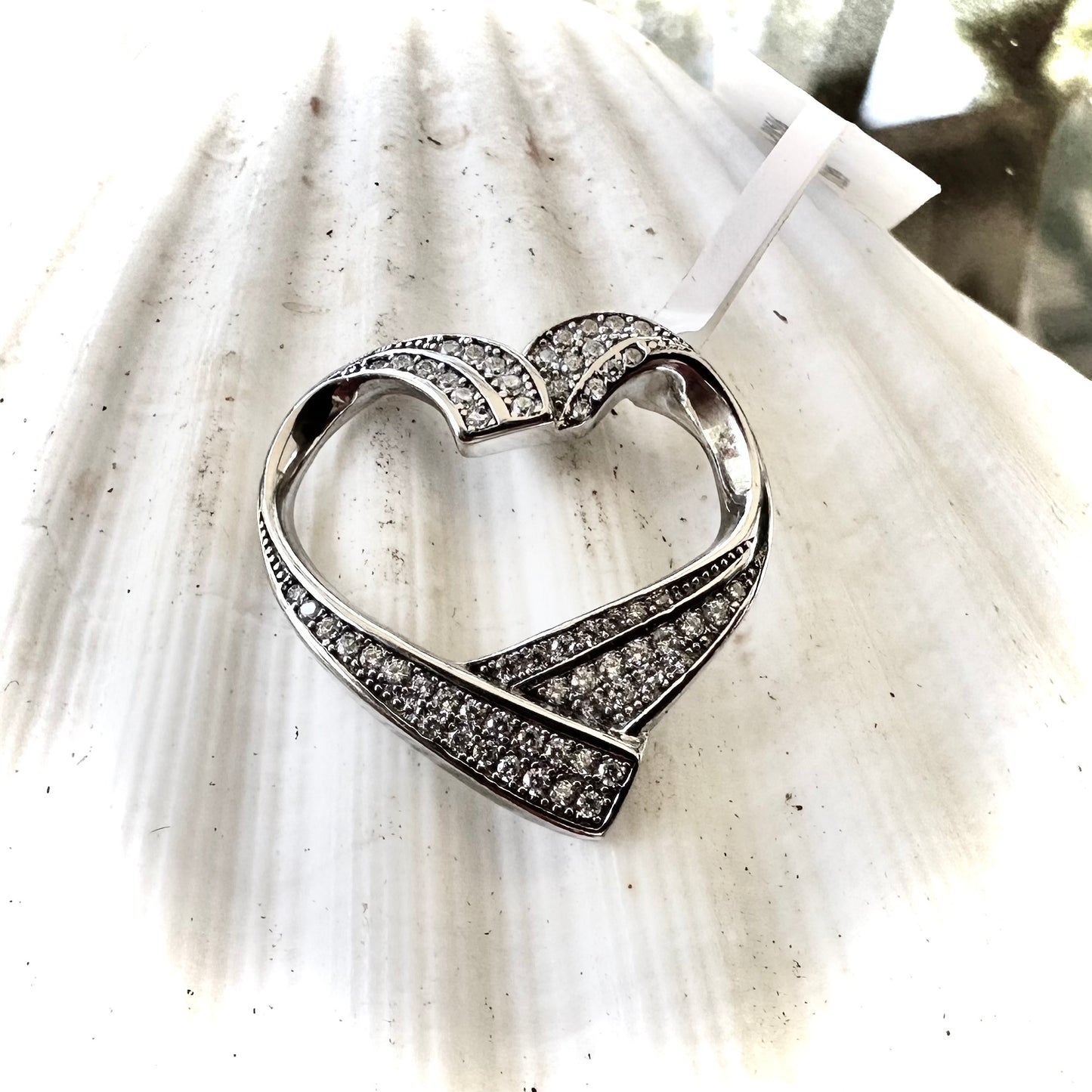 925 Sterling Silver Open Heart Pendant with Cubic Zirconia Pave Rhodium Plated