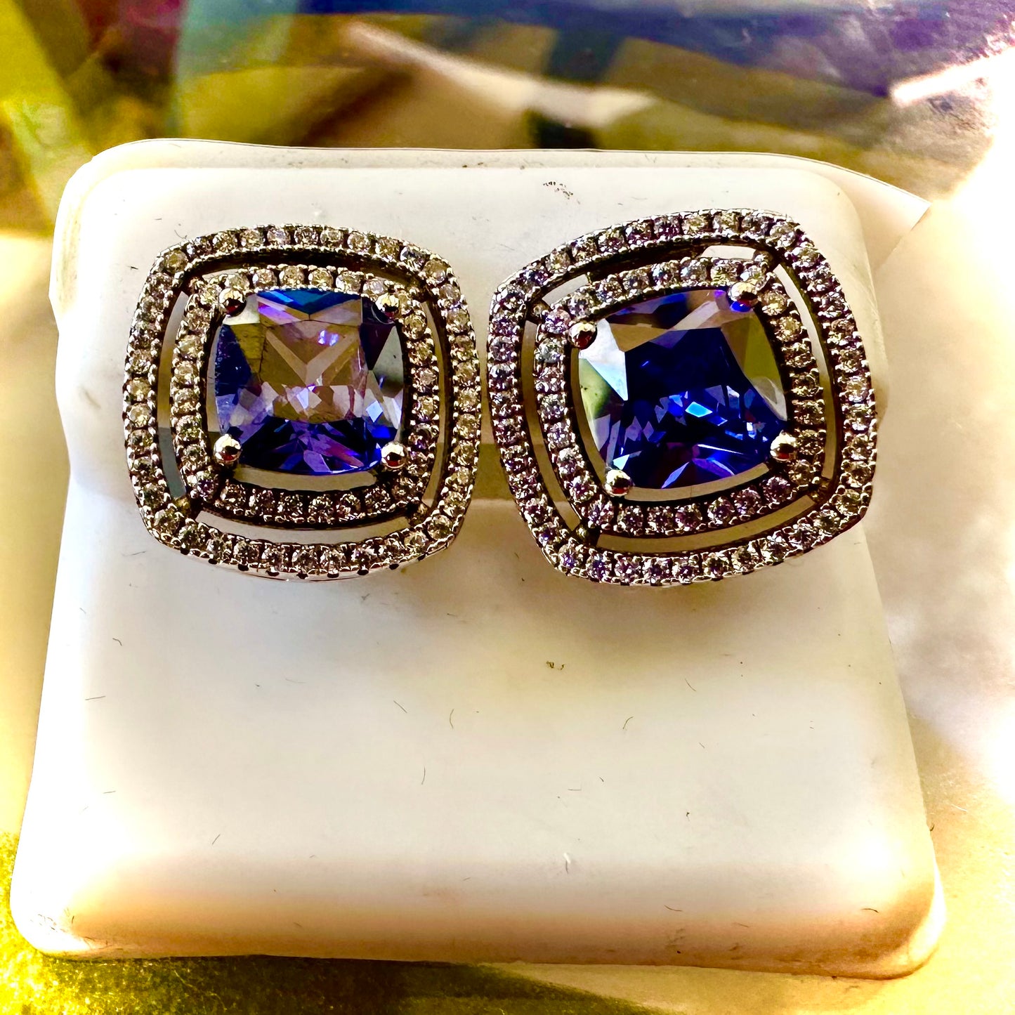 925 Sterling Silver Simulated Tanzanite Earrings in a Cubic Zirconia Double Halo Rhodium Plated