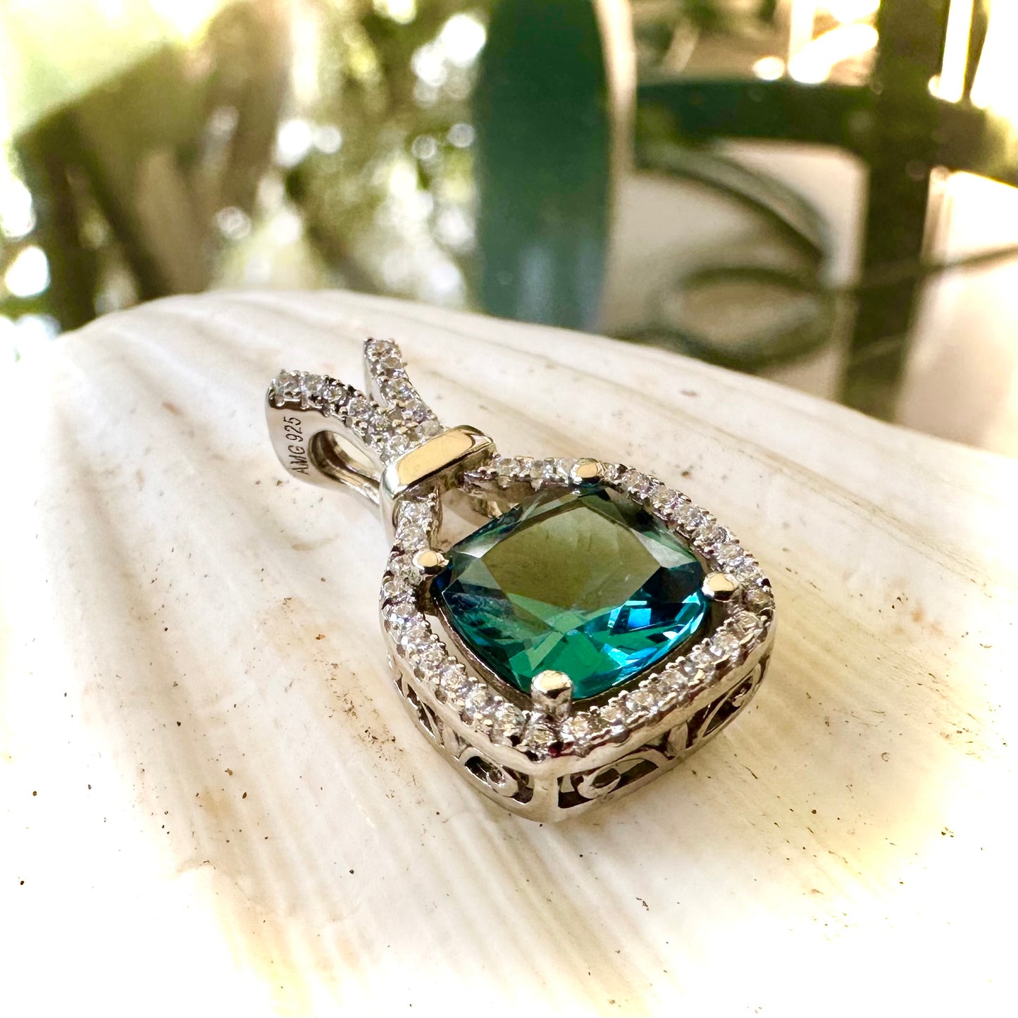 925 Sterling Silver Simulated Paraiba Tourmaline Cushion Cut Drop Pendant with Cubic Zirconia Halo Rhodium Plated
