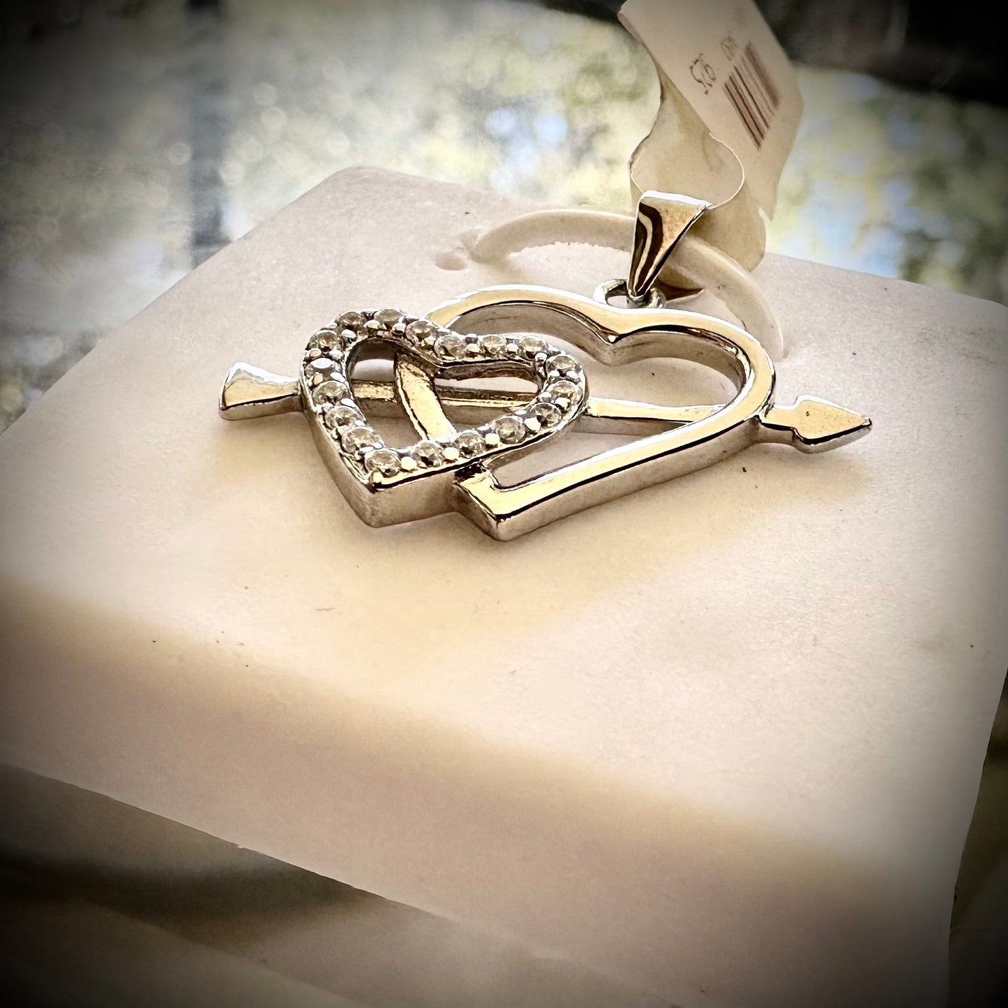925 Heart in Heart Pendant with Cupid's Arrow and Cubic Zirconia Accents Rhodium Plated