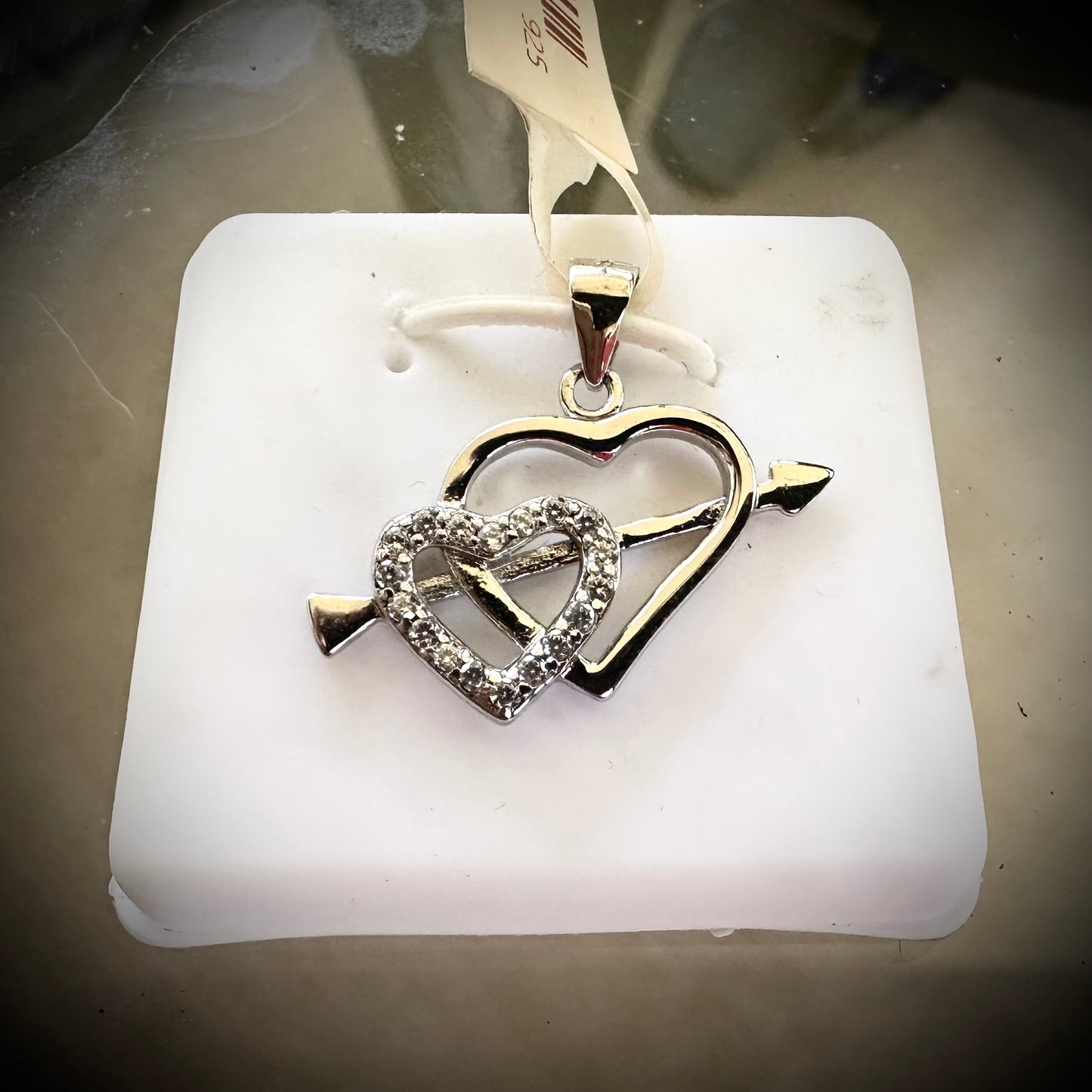 925 Heart in Heart Pendant with Cupid's Arrow and Cubic Zirconia Accents Rhodium Plated