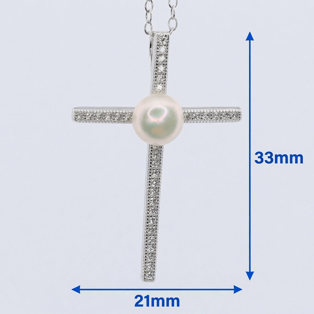 Sterling Silver Pearl and CZ Cross Necklace