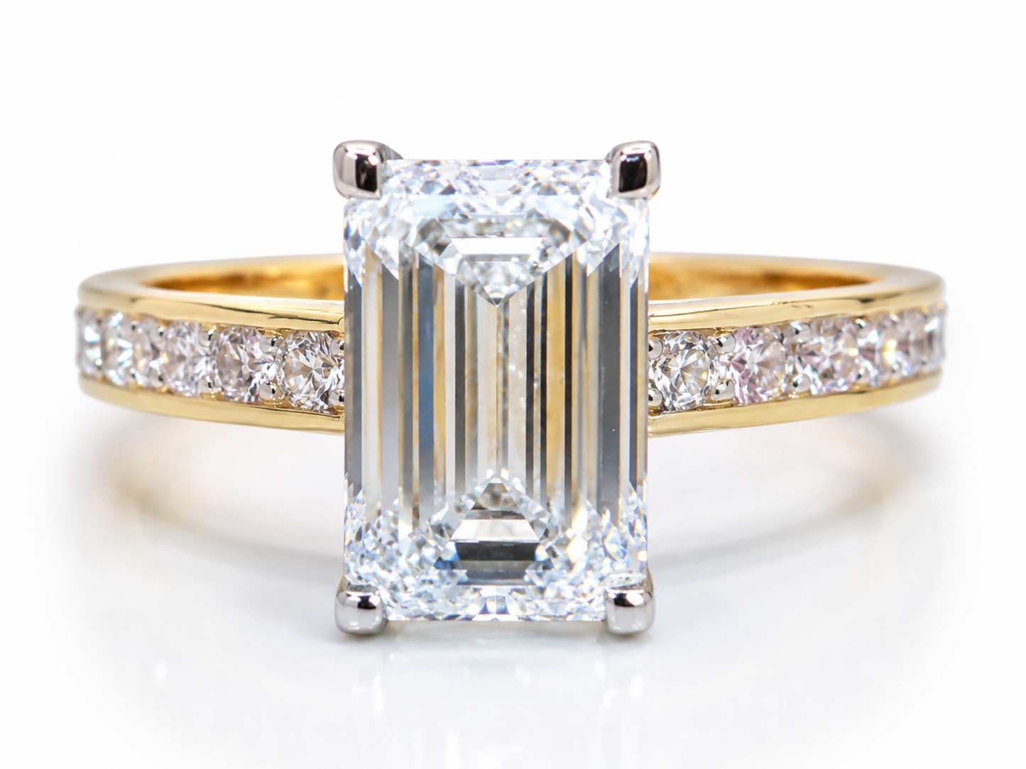 3.01ct Emerald Cut Lab Grown Dia. Ring E VVS2 14K Yellow Gold 0.32CTW Accent