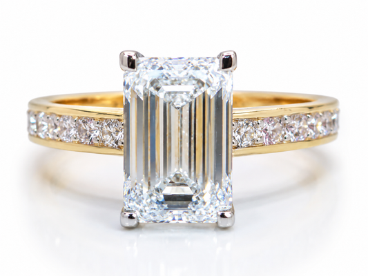 3.01ct Emerald Cut Lab Grown Dia. Ring E VVS2 14K Yellow Gold 0.32CTW Accent