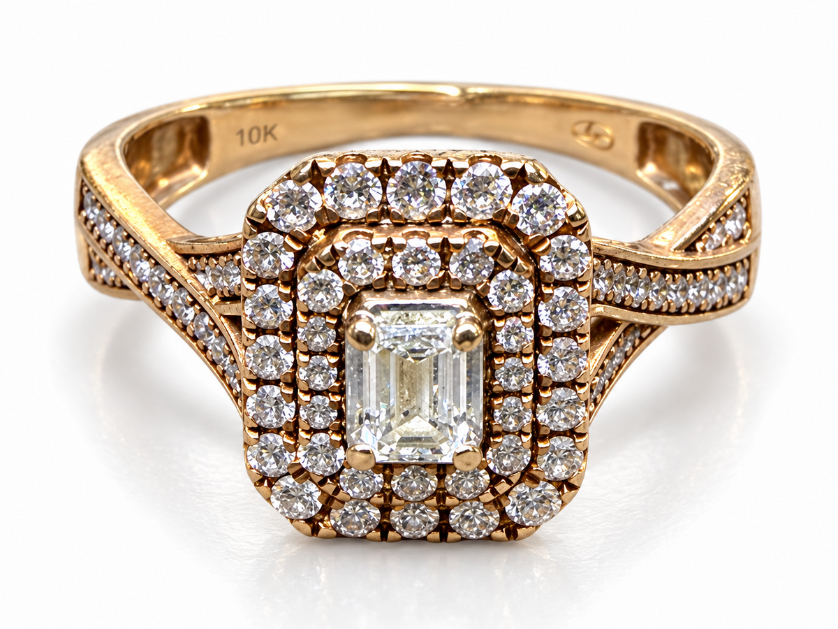 1.00 CTW Natural Diamond Double Halo Ring 10k Yellow Gold Size 5.75 Pre-Owned