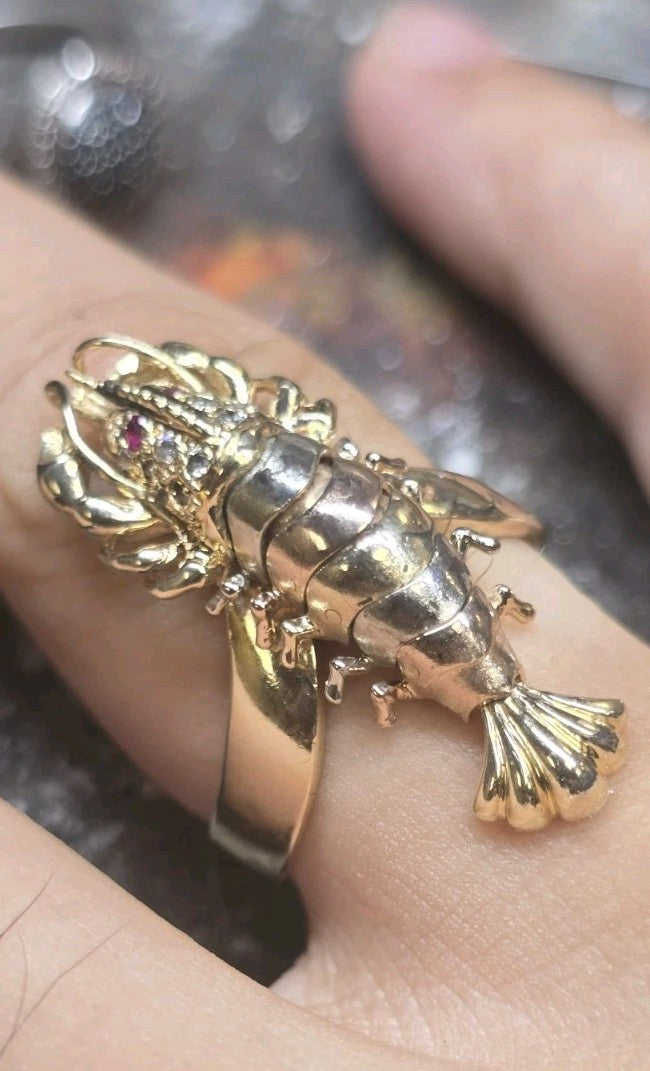 14K Tri-Color Gold Diamond & Ruby Lobster Ring
