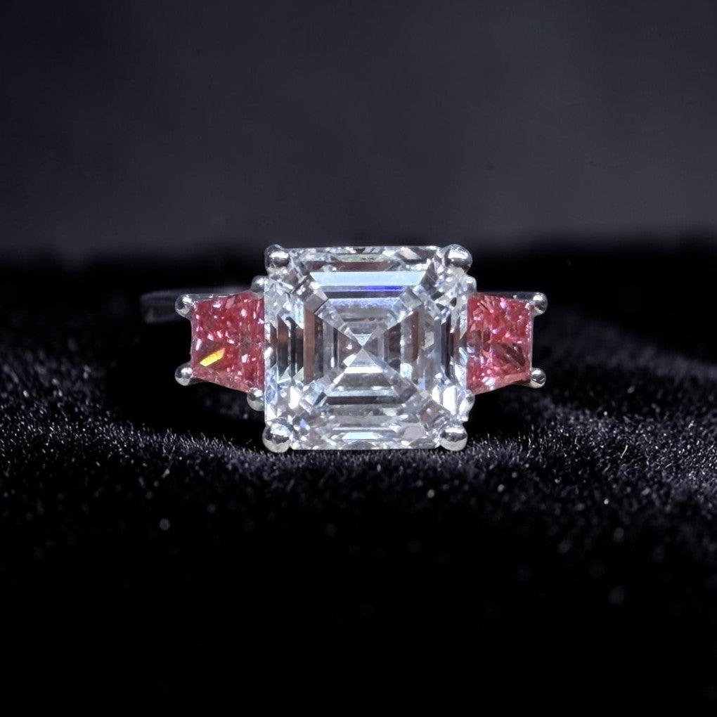 5.00 CT Asscher Cut Lab Grown Diamond Ring with 1.00 CT Vivid Pink in Platinum