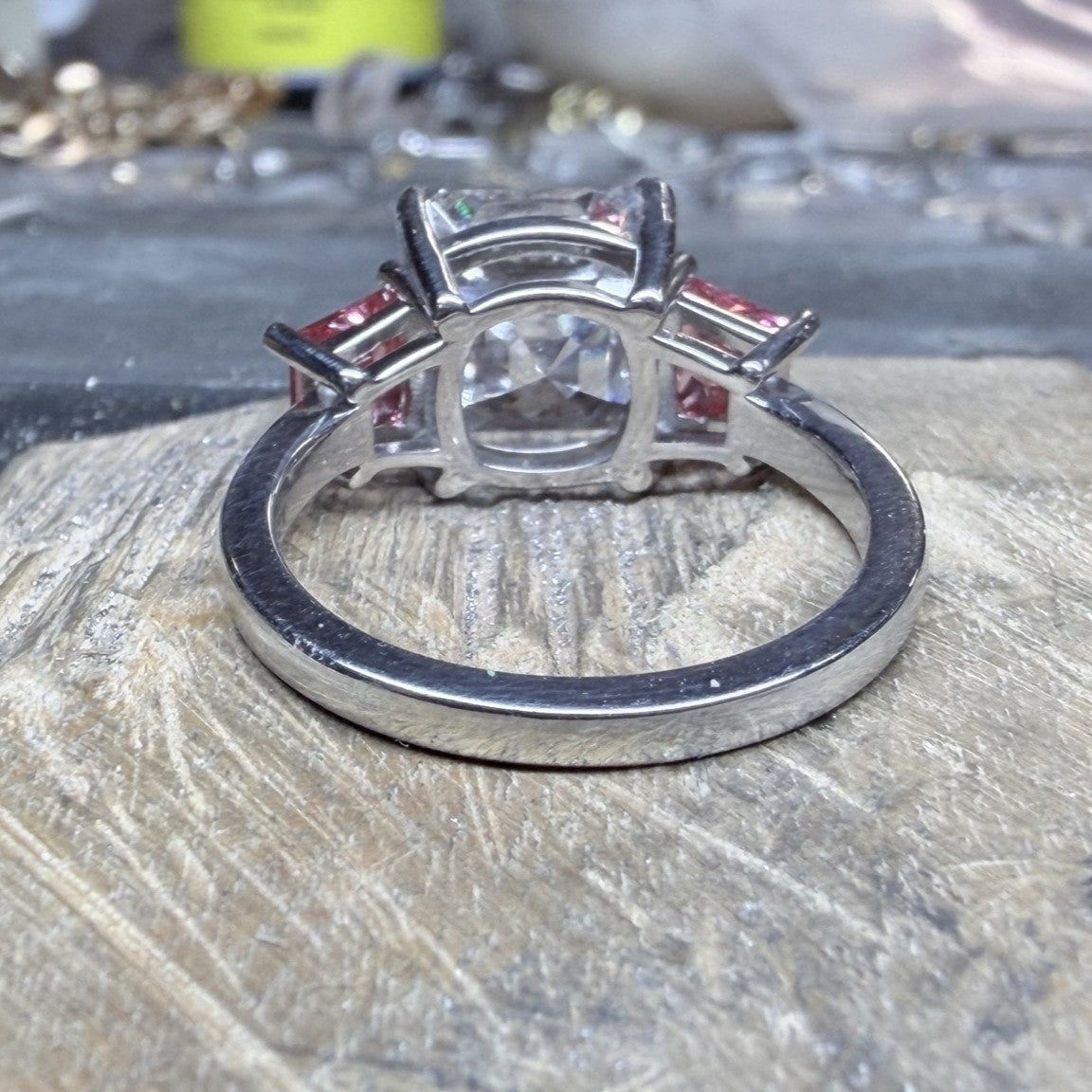 5.00 CT Asscher Cut Lab Grown Diamond Ring with 1.00 CT Vivid Pink in Platinum