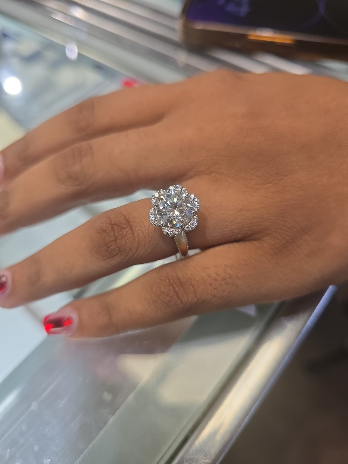 Lab Grown Flower Halo Round Brilliant Diamond Engagement Ring 14k Gold