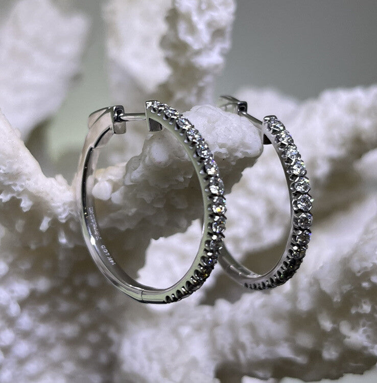 14k White Gold Lab Grown Diamond Hoops Clicker Hinged 1.00 Carat 1 Inch 2.5mm