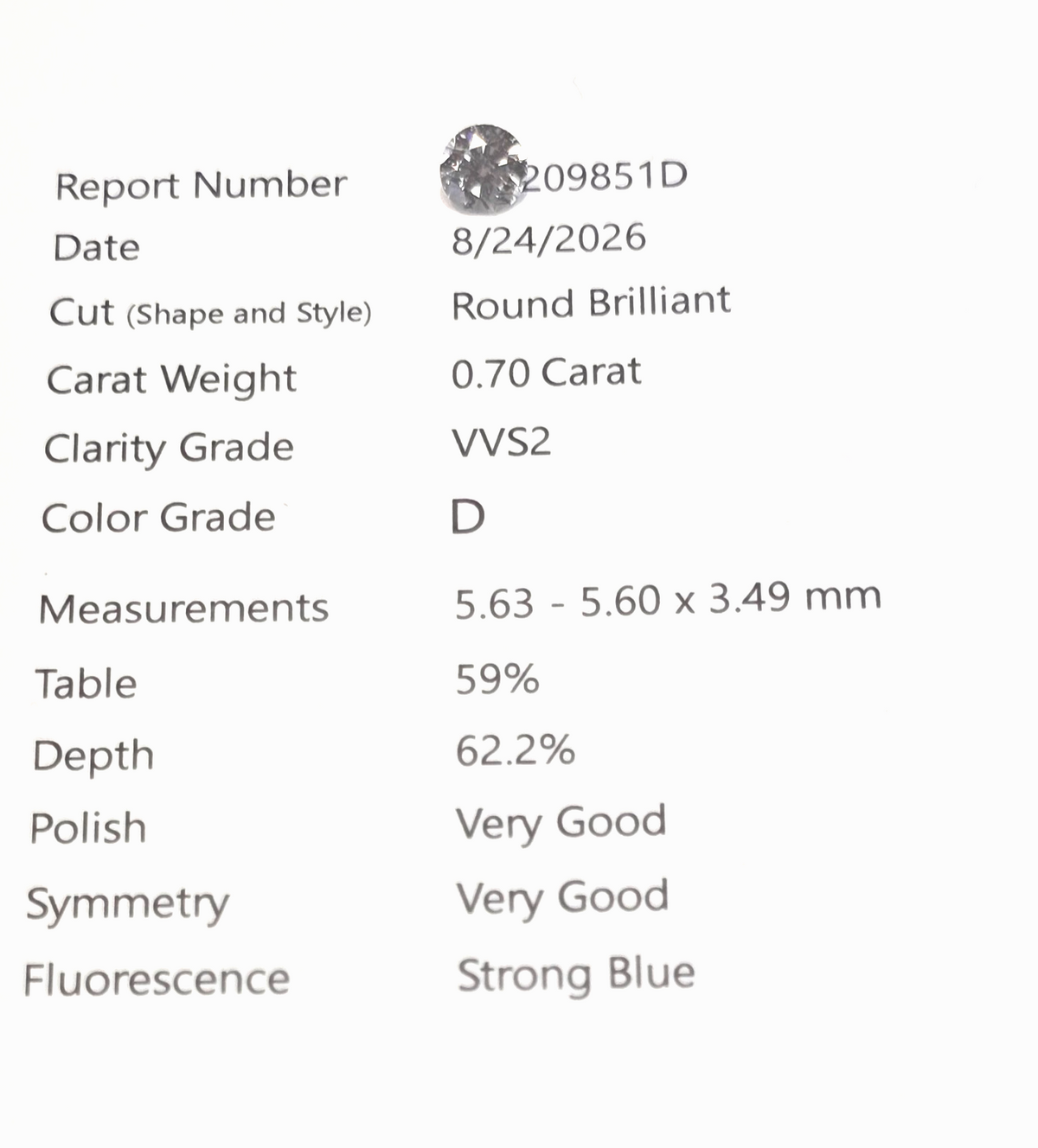 0.70 CT Natural Round Diamond D VVS2 Strong Blue Fluorence Loose EGL Certified