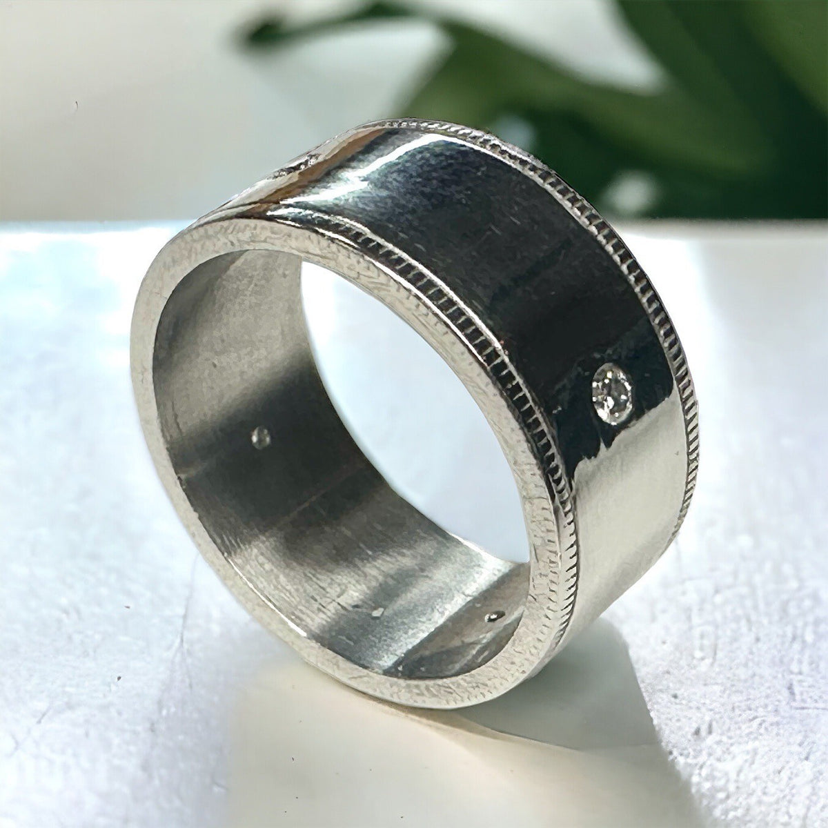 Platinum Band 4 Diamond 0.08 Carats 10mm Wide Size 9.5 Burnished 21.6 Grams  950
