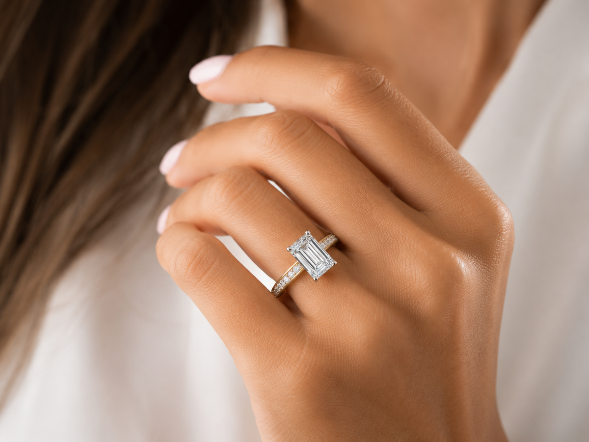 3.01ct Emerald Cut Lab Grown Dia. Ring E VVS2 14K Yellow Gold 0.32CTW Accent 