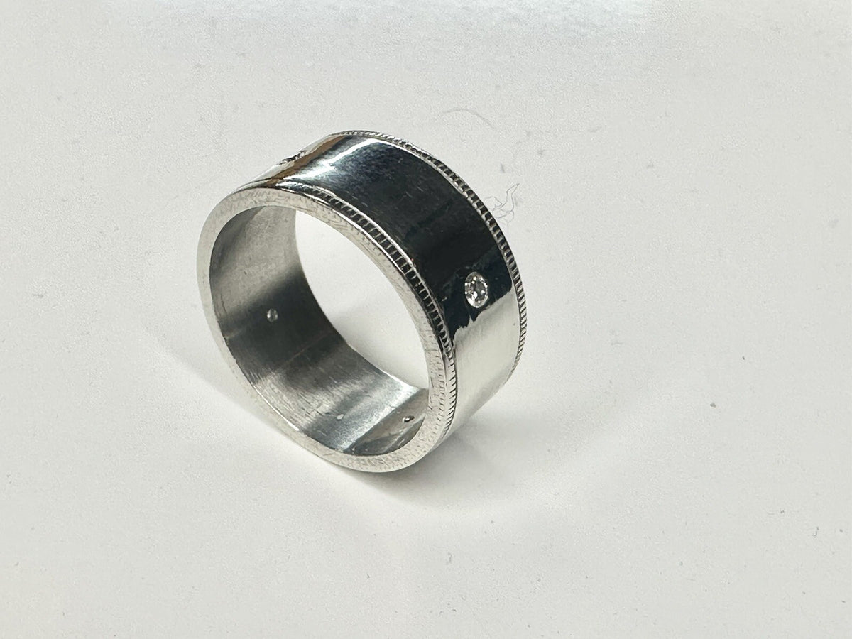 Platinum Band 4 Diamond 0.08 Carats 10mm Wide Size 9.5 Burnished 21.6 Grams  950