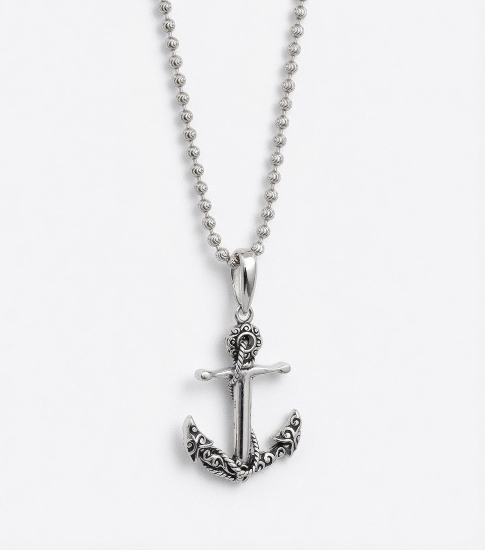 Sterling Silver Detailed Oxidized Anchor Pendant