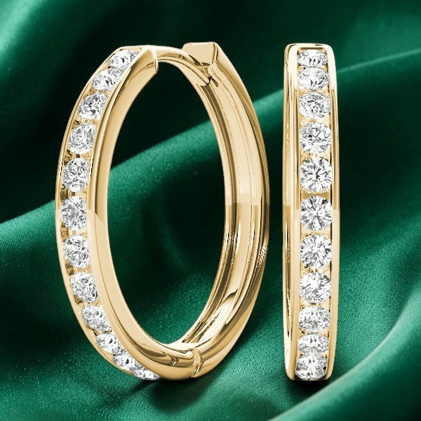 .96 Carat Lab Grown Channel Hoop Earrings 14KT Gold .75 Inches 24 Stones VS1 D-F