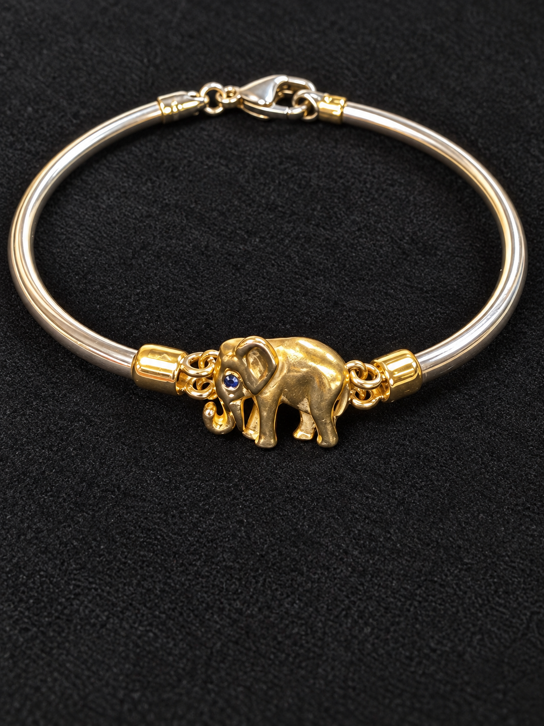 14K Gold Elephant Natural Blue Sapphire Sterling Silver Cuff Bracelet