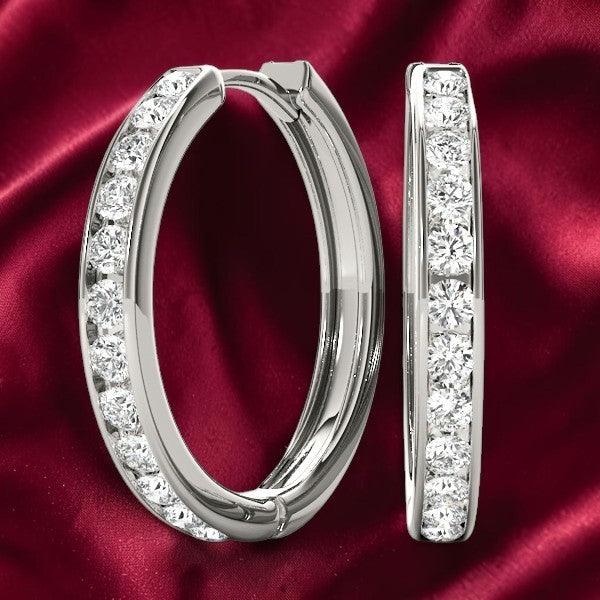 .96 Carat Lab Grown Channel Hoop Earrings 14KT Gold .75 Inches 24 Stones VS1 D-F