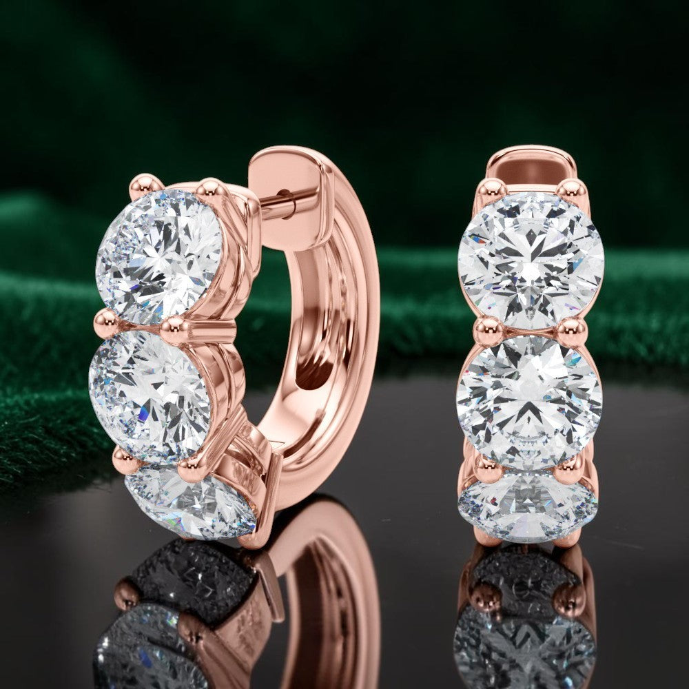 .960 CTW Lab Grown Diamond 3 Stone Huggie Hoop Earrings VS1 D-F 14K Gold