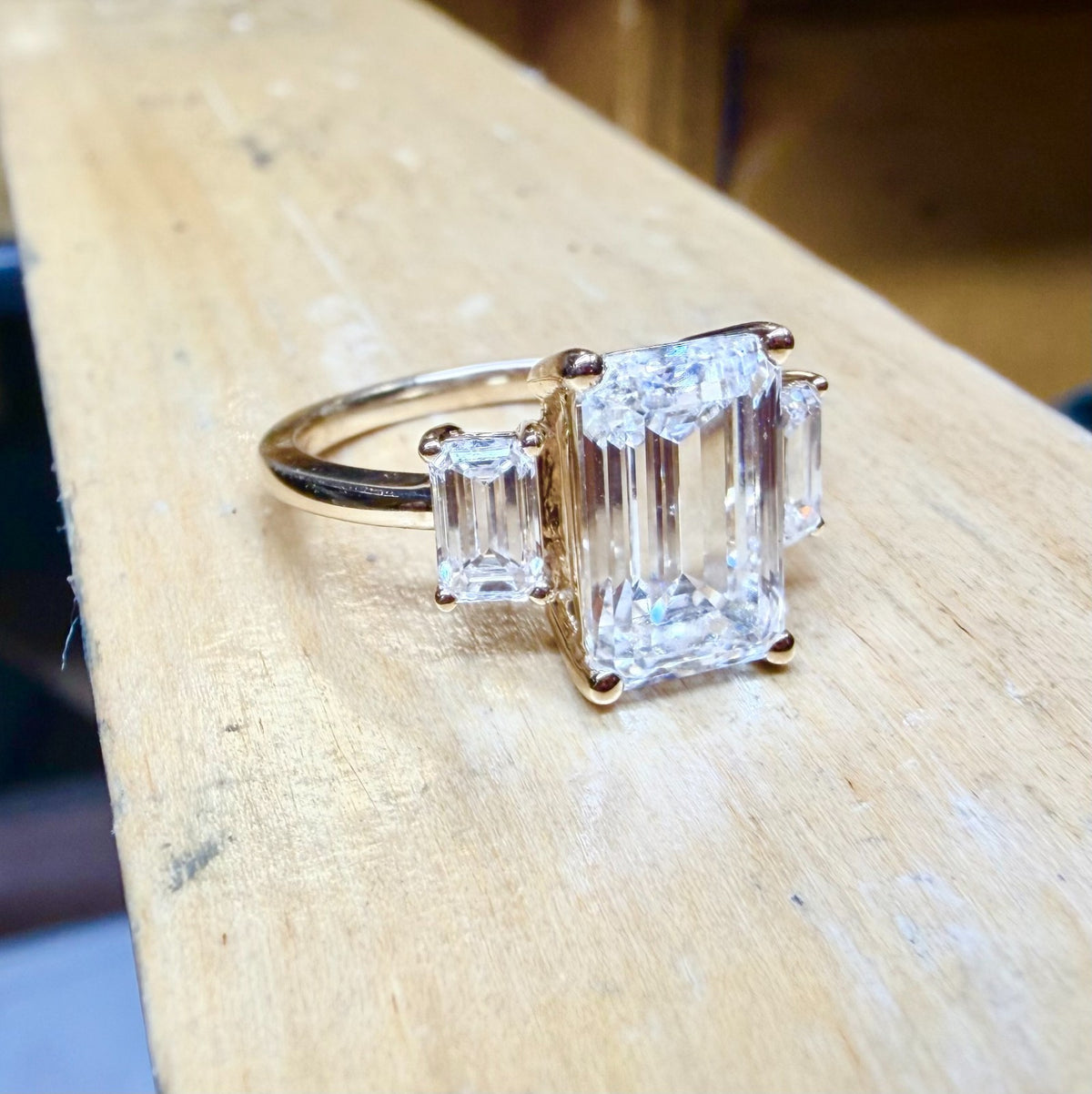 3.50 Carat E VS1 Emerald Cut Lab created Diamond Ring 14K 4.35CTW Three stone