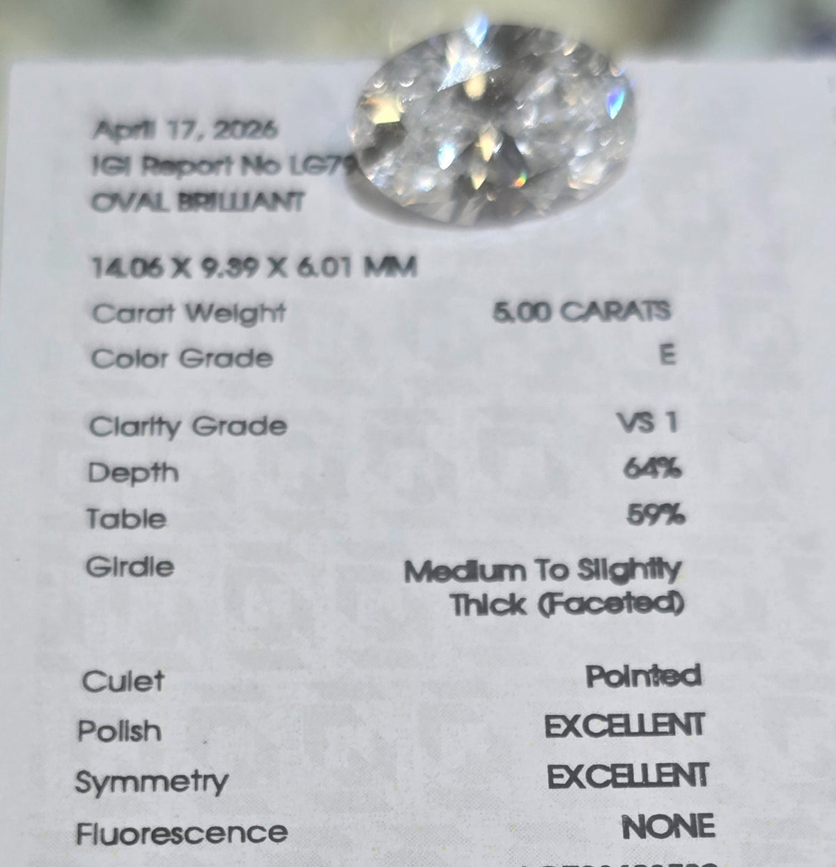 5 Ct. Oval Shapped Laboratory Grown Diamond VS1 E Color IGI Certified