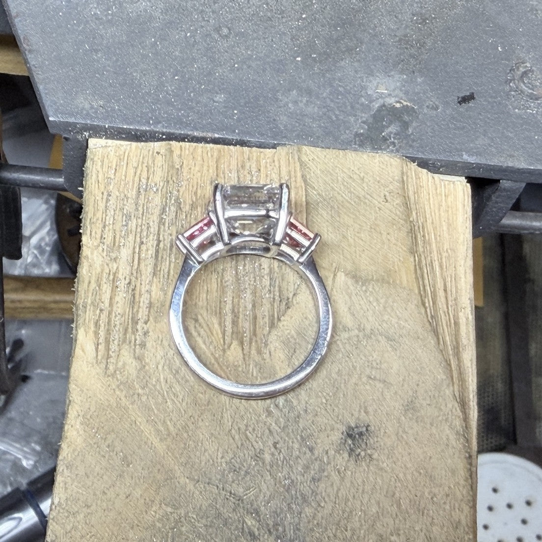 5.00 CT Asscher Cut Lab Grown Diamond Ring with 1.00 CT Vivid Pink in Platinum