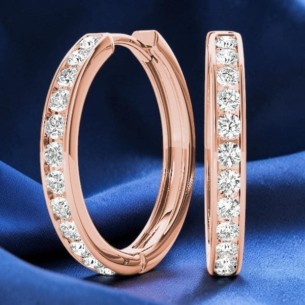 .96 Carat Lab Grown Channel Hoop Earrings 14KT Gold .75 Inches 24 Stones VS1 D-F