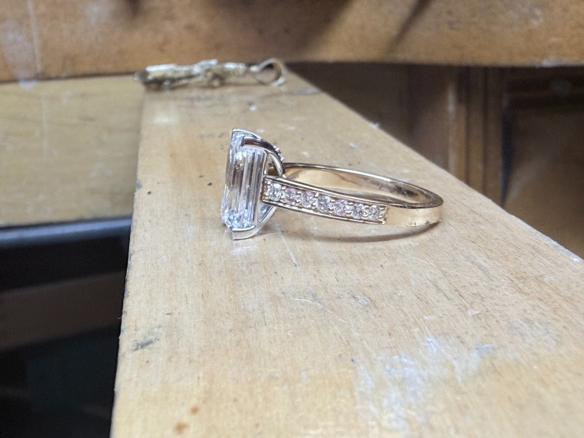 3.01ct Emerald Cut Lab Grown Dia. Ring E VVS2 14K Yellow Gold 0.32CTW Accent 