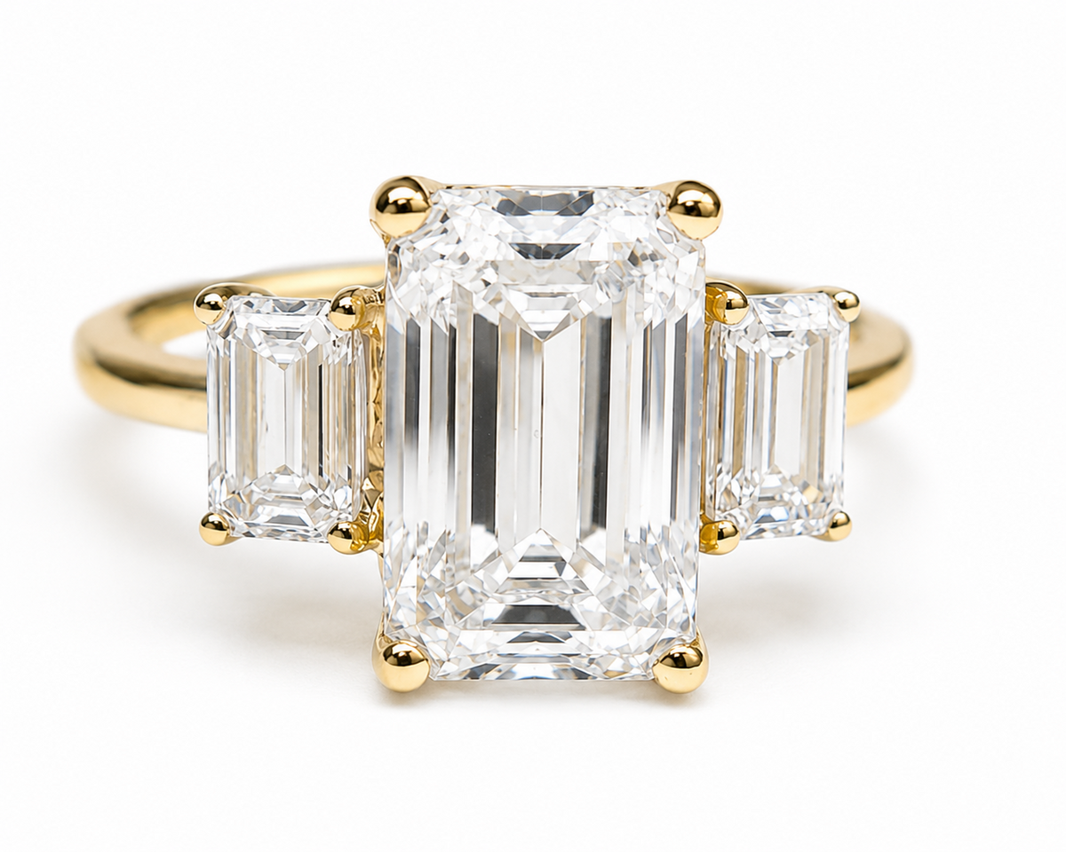 3.50 Carat E VS1 Emerald Cut Lab created Diamond Ring 14K 4.35CTW Three stone