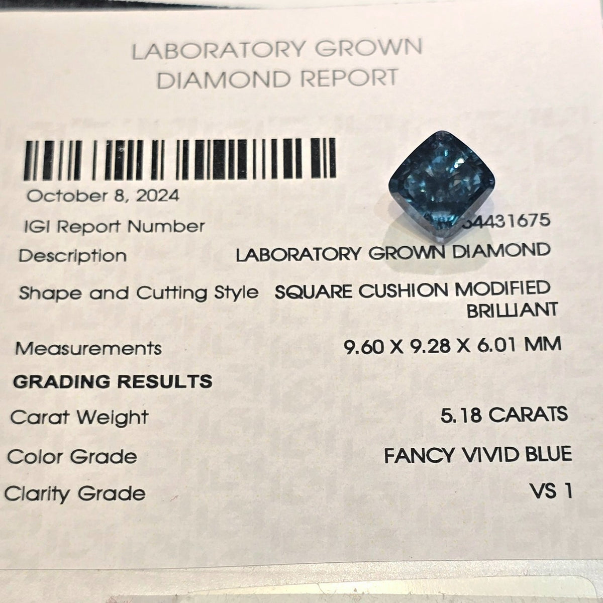 5.18 CT Fancy Vivid Blue VS1 Cushion Lab Grown Diamond IGI Certified Loose