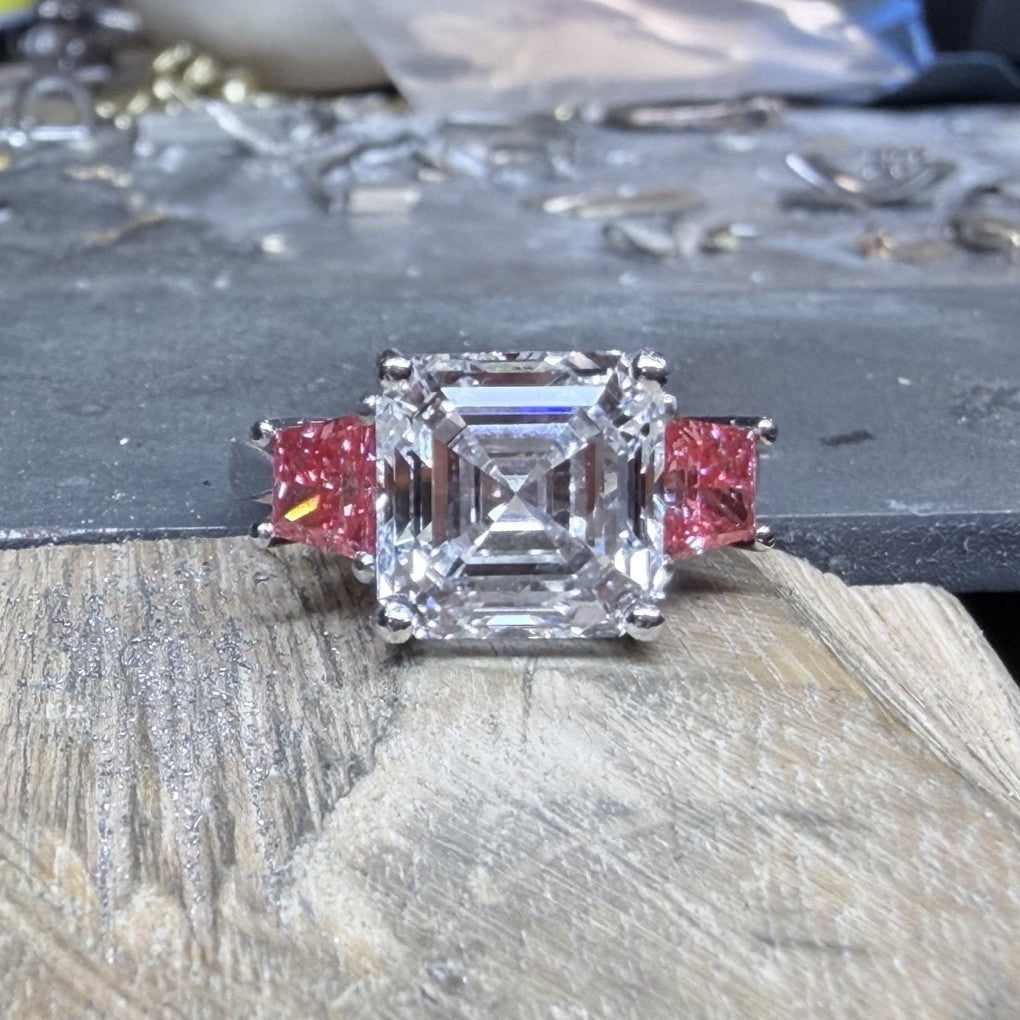 5.00 CT Asscher Cut Lab Grown Diamond Ring with 1.00 CT Vivid Pink in Platinum
