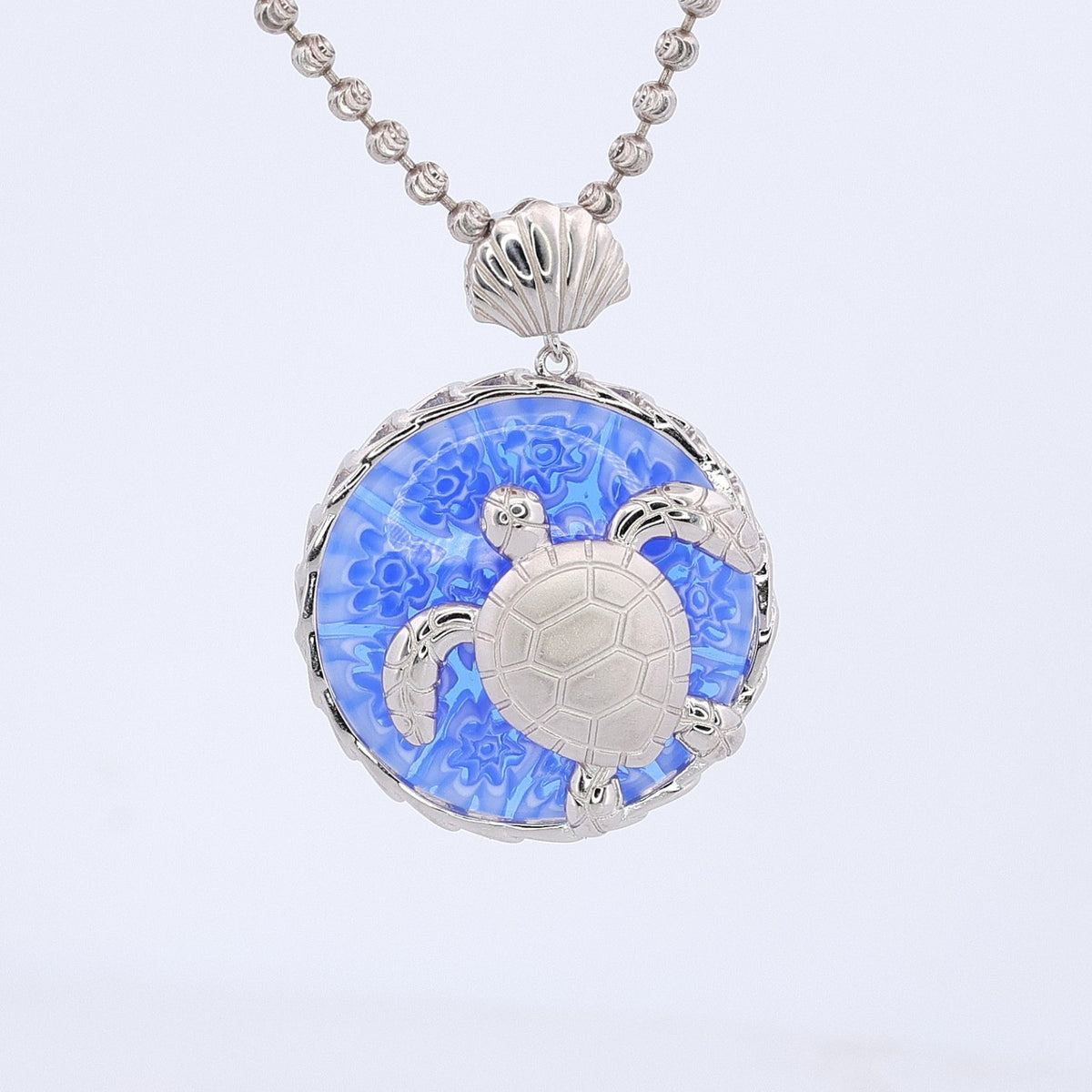 Sterling Silver Murano Blue Glass Turtle Necklace