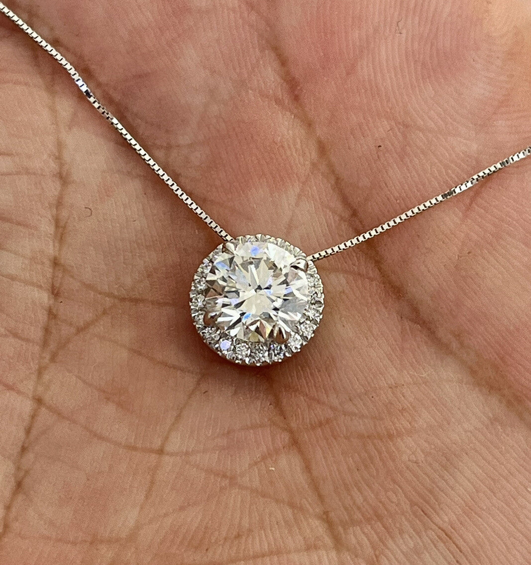 14k White Gold Halo Solitaire Pendant With Chain Lab Grown Diamonds 1.64 Carats