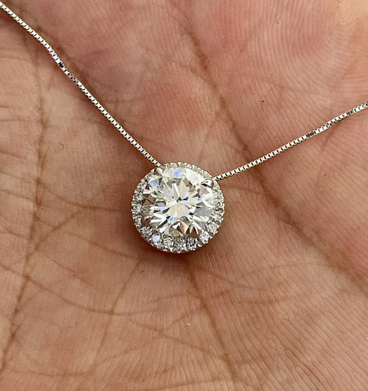 14k White Gold Halo Solitaire Pendant With Chain Lab Grown Diamonds 1.64 Carats