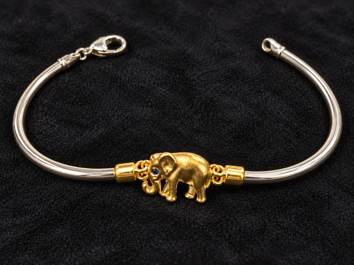 14K Gold Elephant Natural Blue Sapphire Sterling Silver Cuff Bracelet
