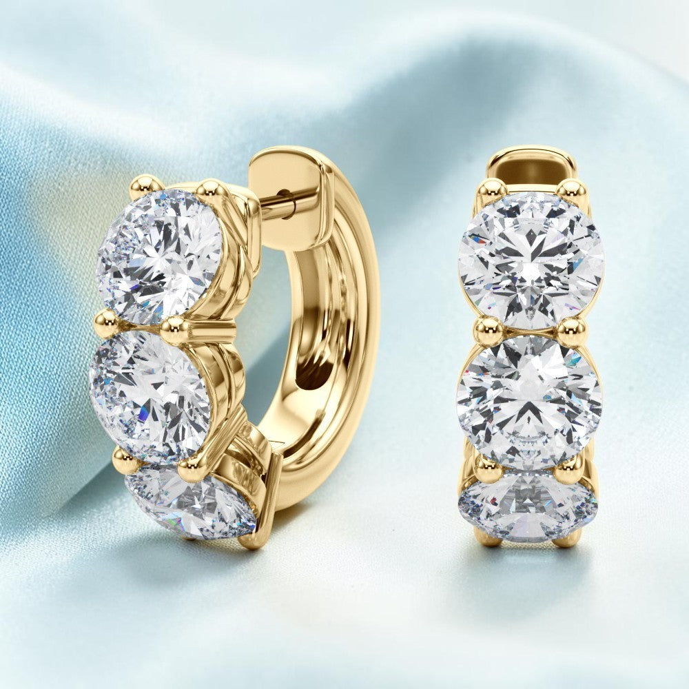 .960 CTW Lab Grown Diamond 3 Stone Huggie Hoop Earrings VS1 D-F 14K Gold