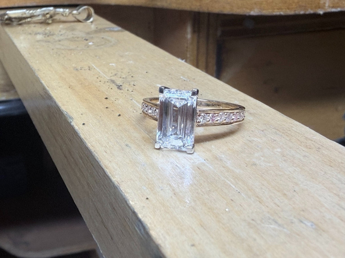 3.01ct Emerald Cut Lab Grown Dia. Ring E VVS2 14K Yellow Gold 0.32CTW Accent 